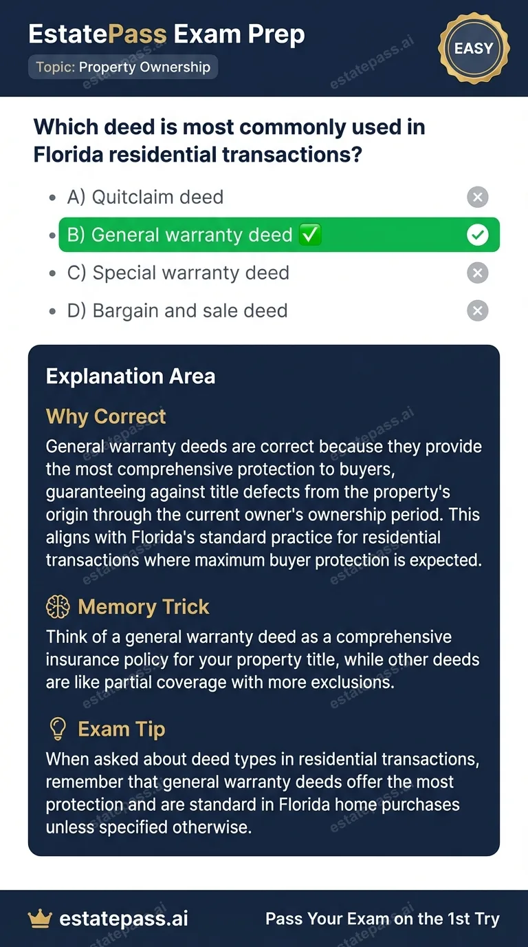 Study card infographic for: Which deed is most commonly used in Florida residential transactions?
