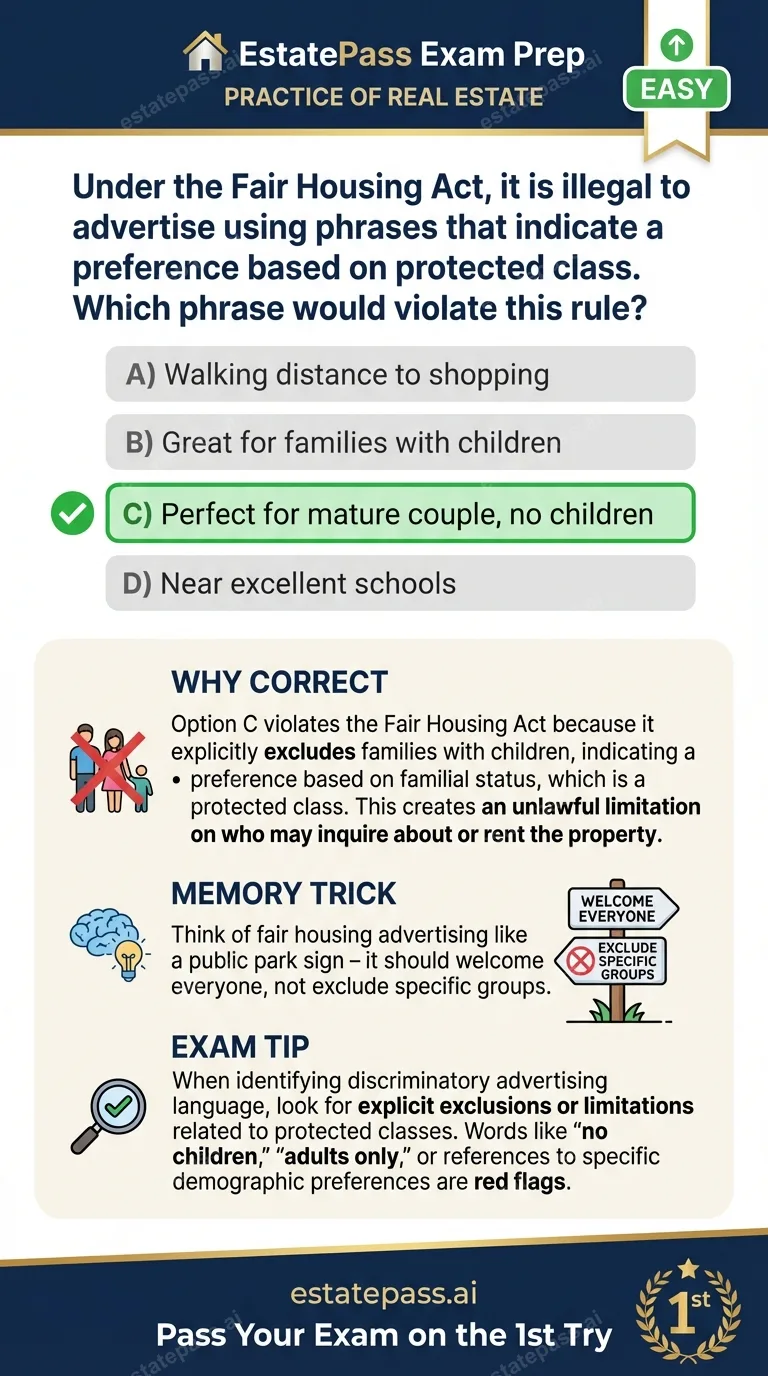 Study card infographic: Under the Fair Housing Act, it is illegal to advertise using phrases that indica