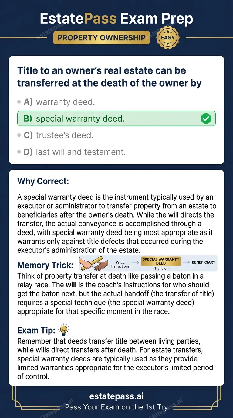 Study card infographic for: Title to an owner’s real estate can be trans- ferred at the death of the owner b