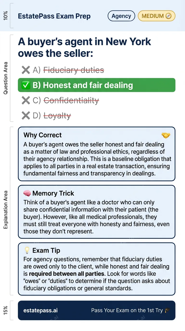 Study card infographic for: A buyer's agent in New York owes the seller: