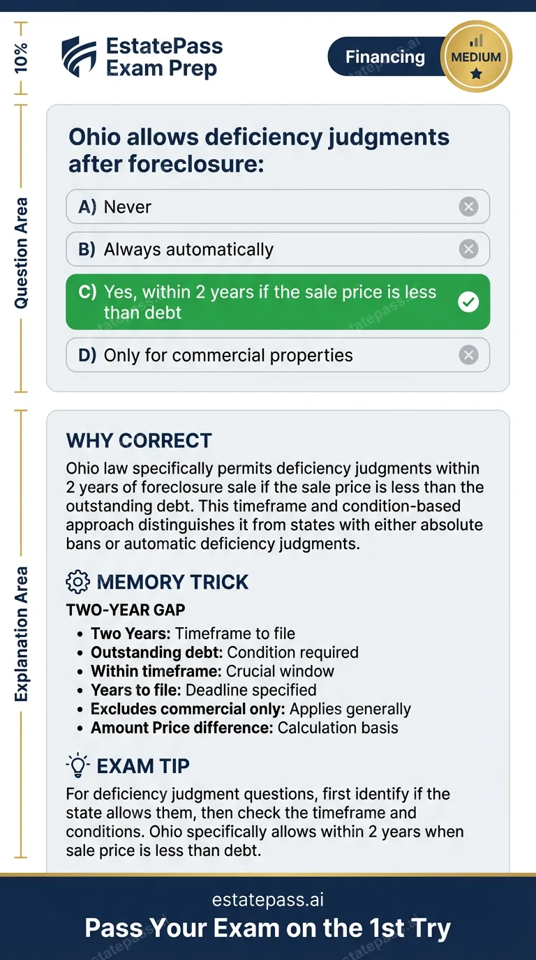 Study card infographic for: Ohio allows deficiency judgments after foreclosure: