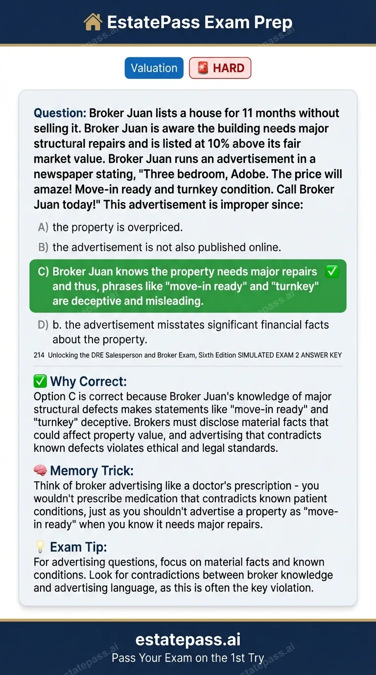 Study card infographic: Broker Juan lists a house for 11 months without selling it. Broker Juan is aware