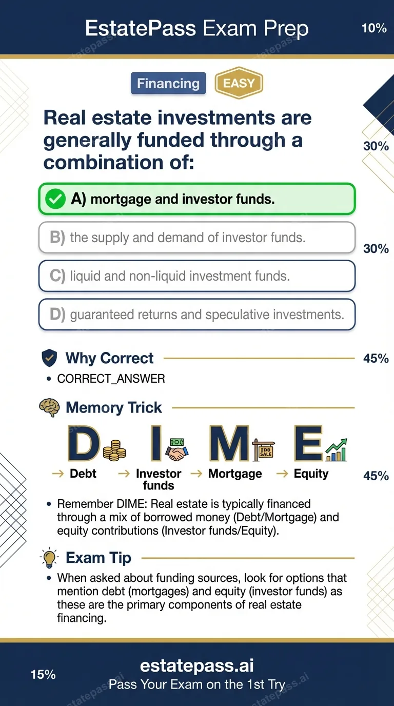 Study card infographic: Real estate investments are generally funded through a combination of: