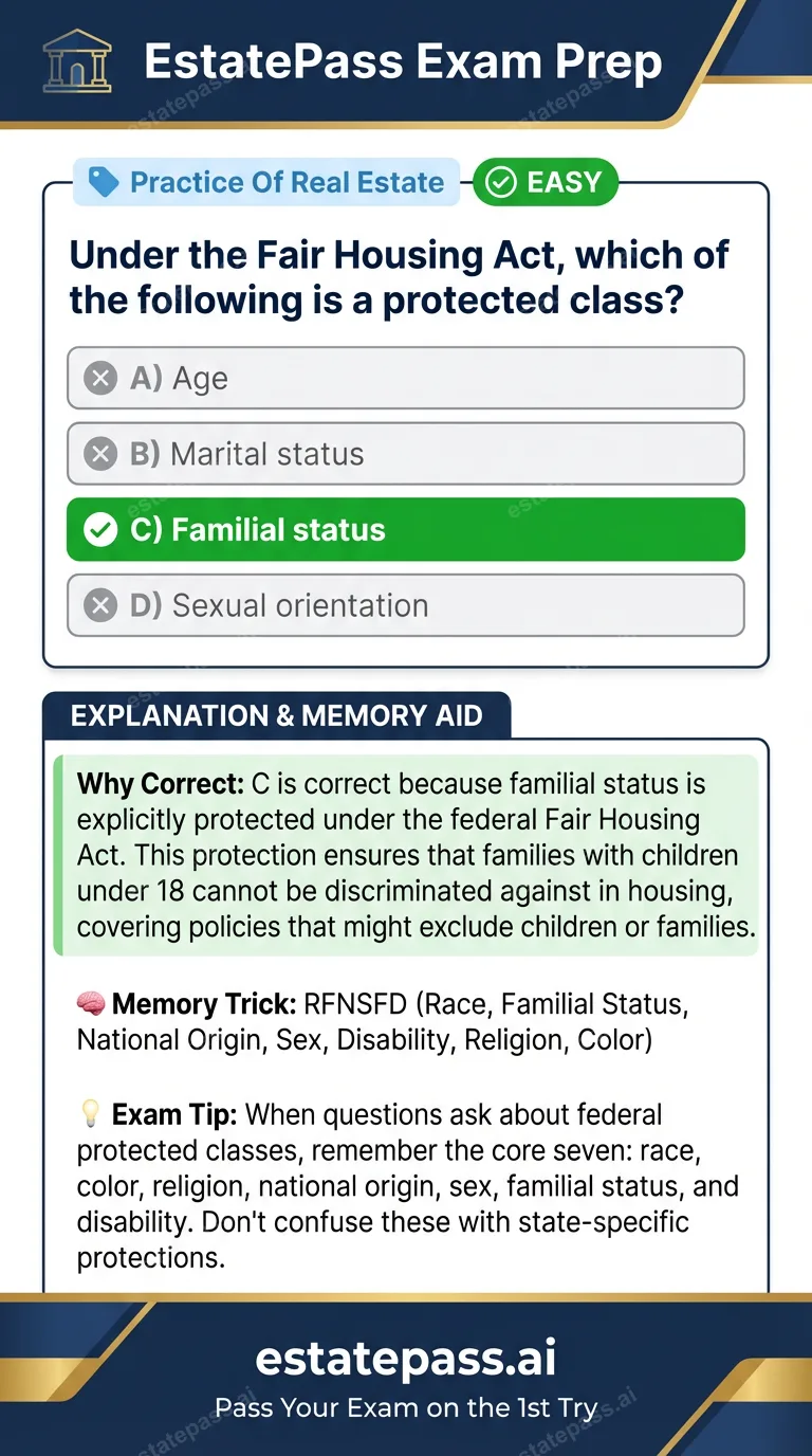 Study card infographic for: Under the Fair Housing Act, which of the following is a protected class?