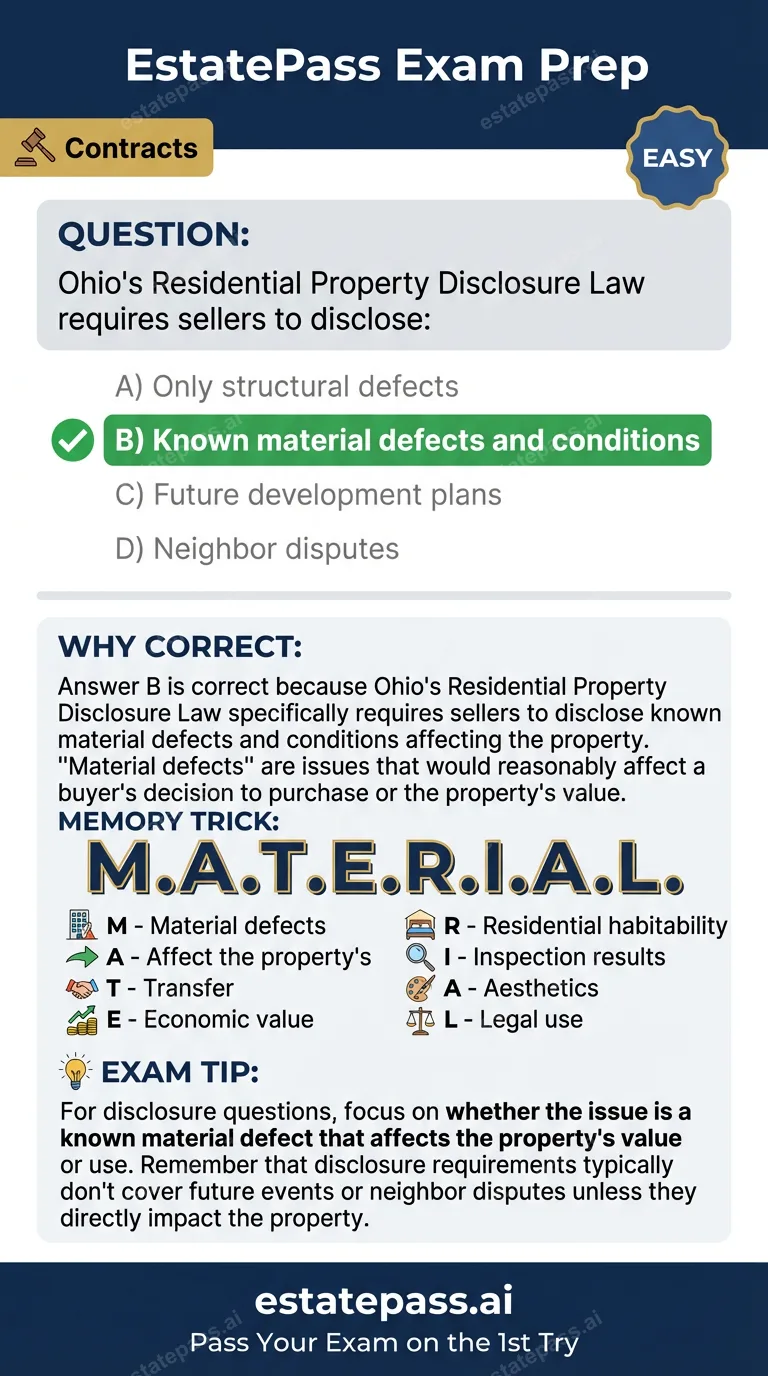 Study card infographic for: Ohio's Residential Property Disclosure Law requires sellers to disclose: