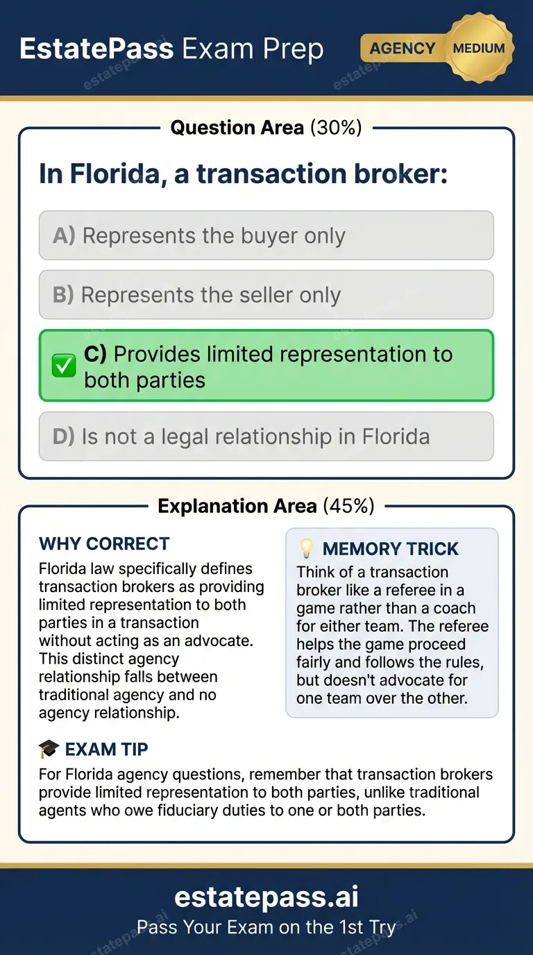 Study card infographic for: In Florida, a transaction broker: