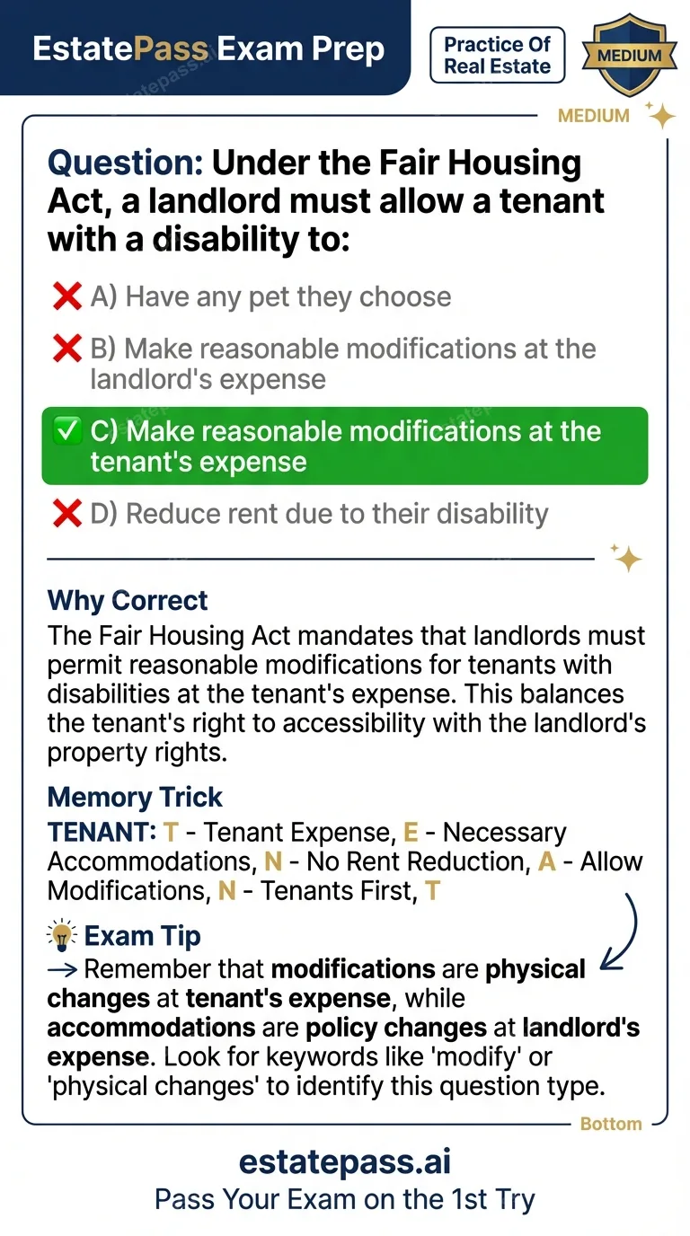 Study card infographic: Under the Fair Housing Act, a landlord must allow a tenant with a disability to: