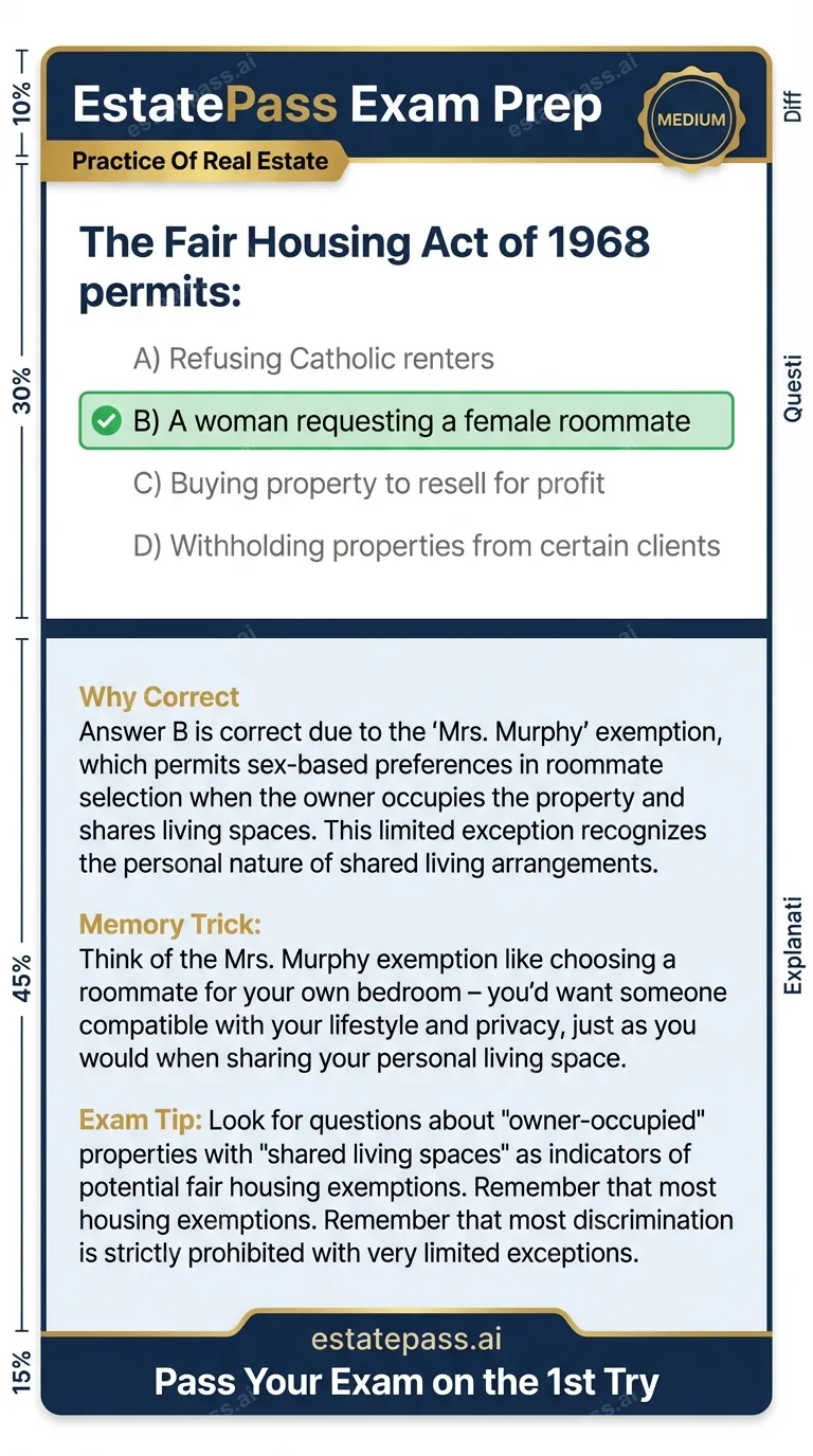 Study card infographic: The Fair Housing Act of 1968 permits: