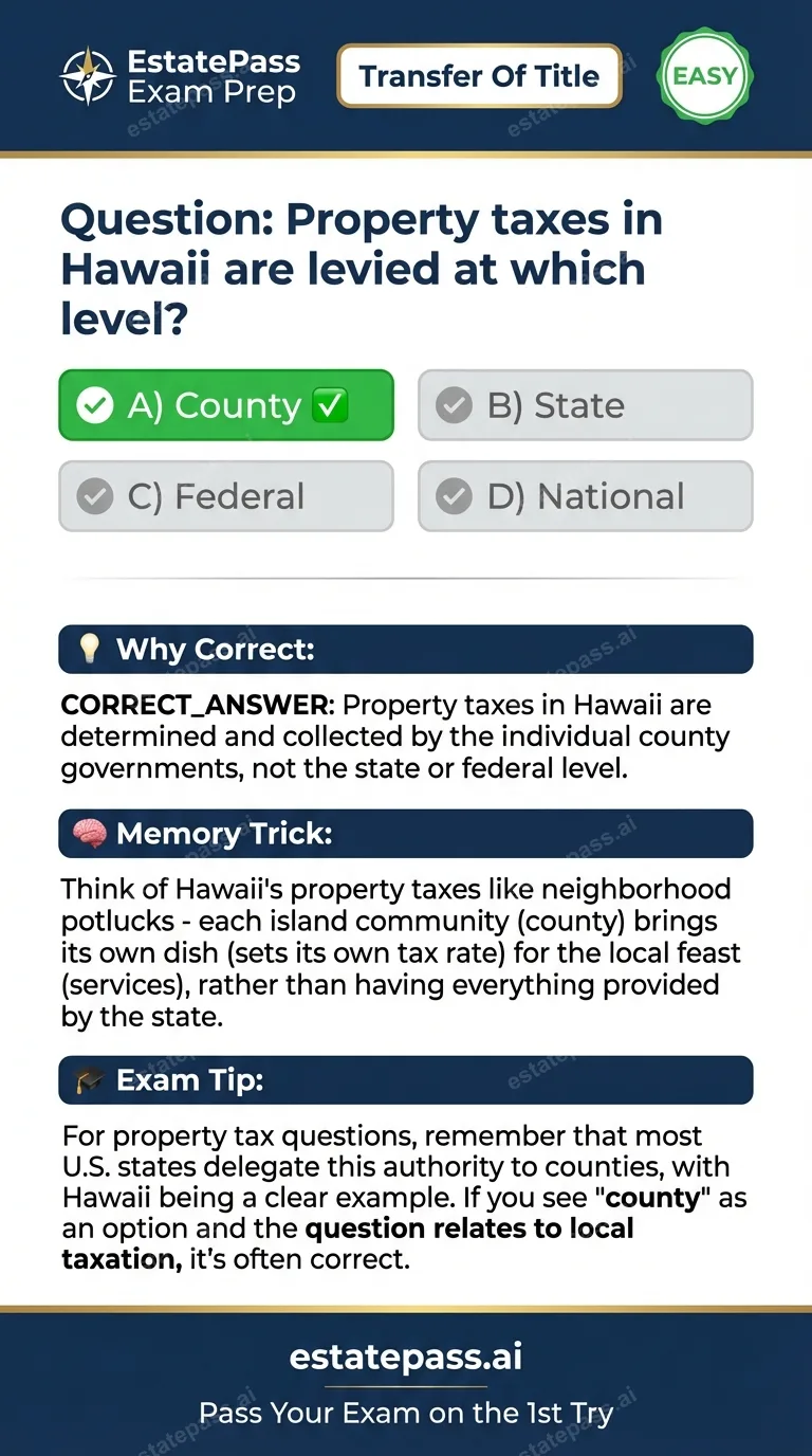 Study card infographic: Property taxes in Hawaii are levied at which level?