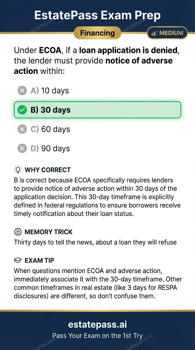 Study card infographic: Under ECOA, if a loan application is denied, the lender must provide notice of a