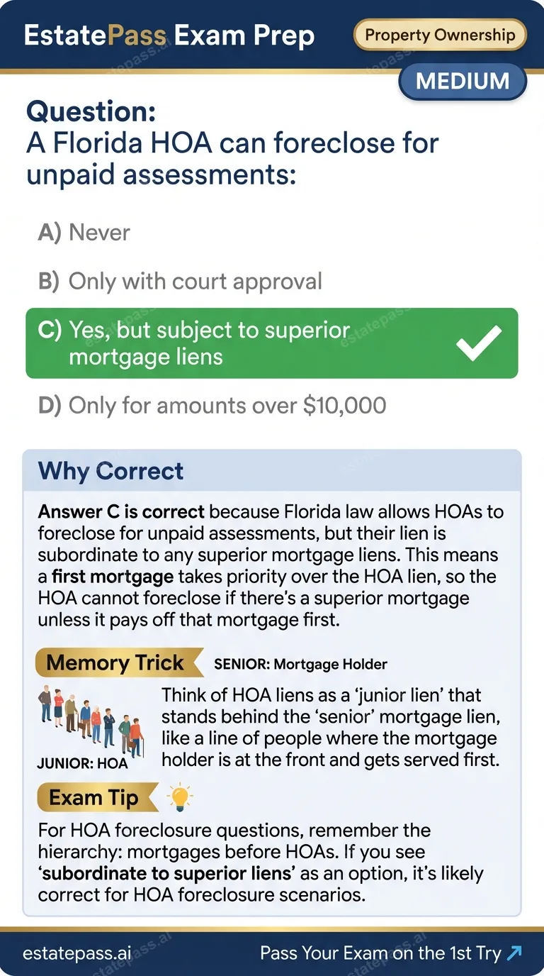 Study card infographic for: A Florida HOA can foreclose for unpaid assessments: