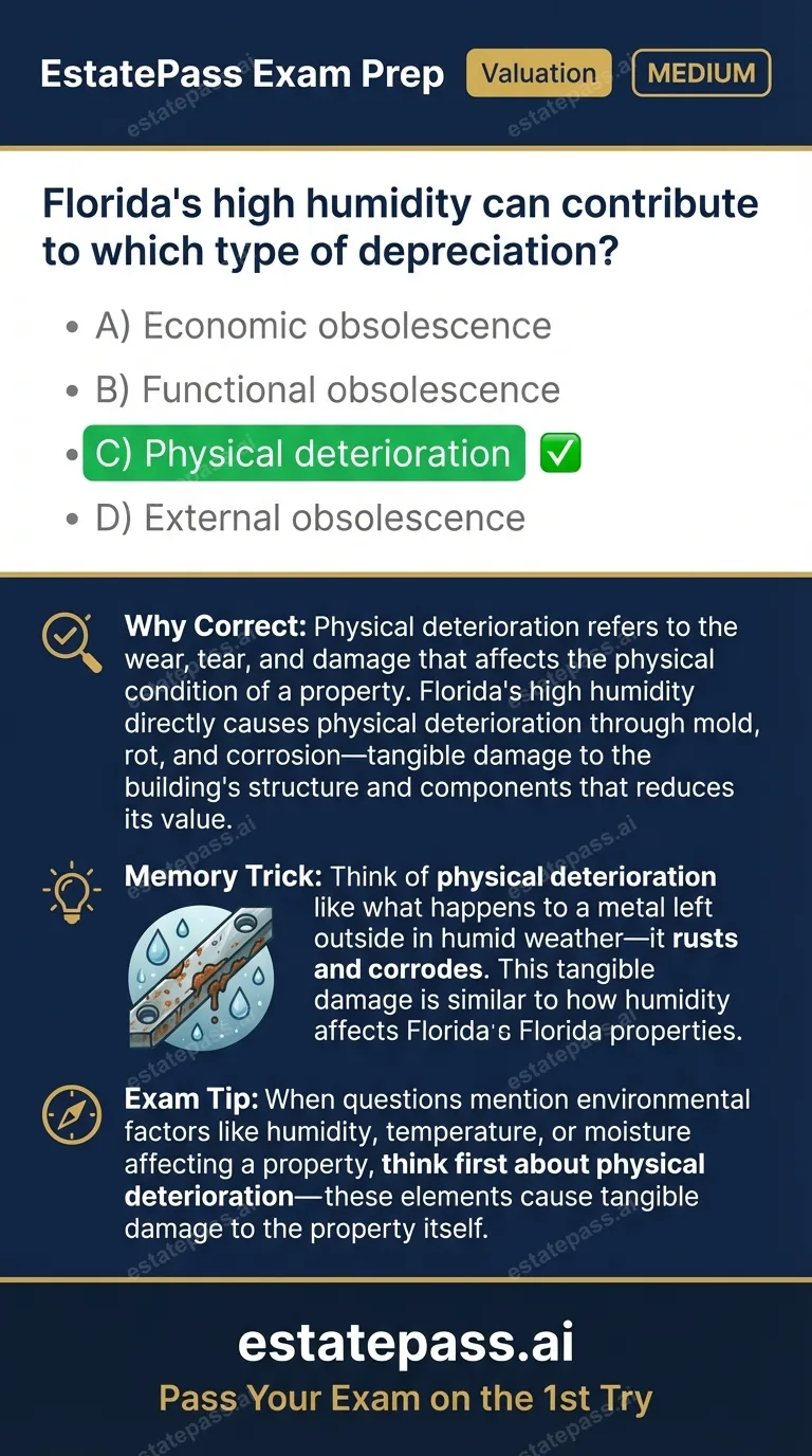 Study card infographic: Florida's high humidity can contribute to which type of depreciation?