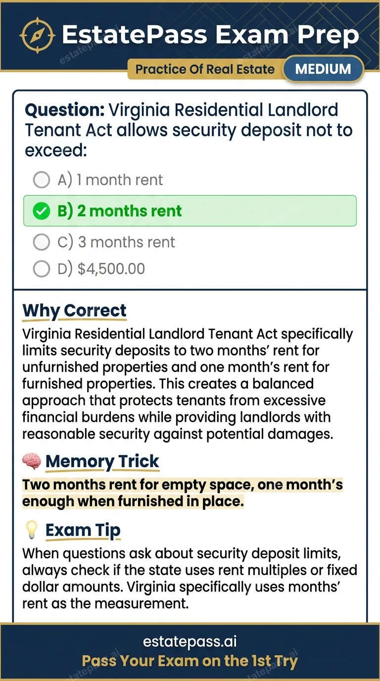 Study card infographic: Virginia Residential Landlord Tenant Act allows security deposit not to exceed: