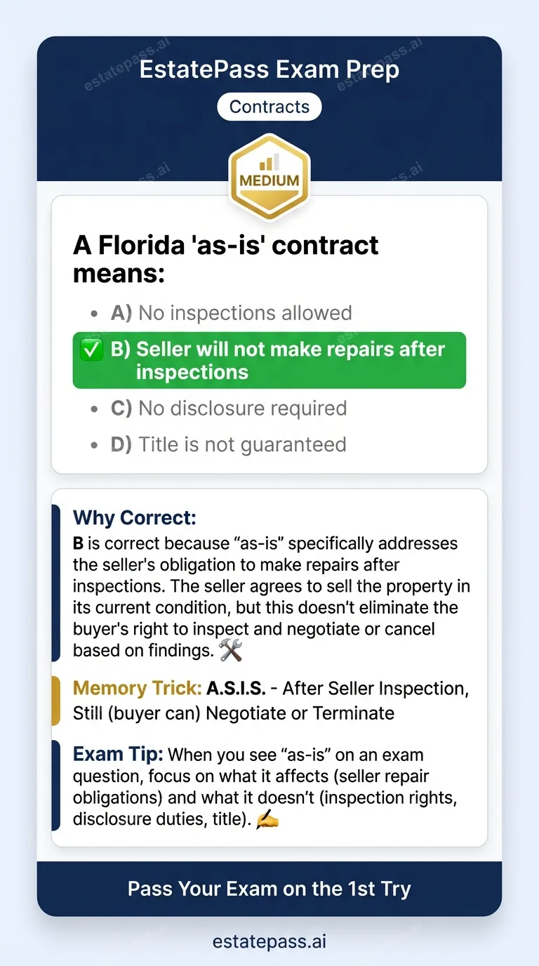 Study card infographic for: A Florida 'as-is' contract means: