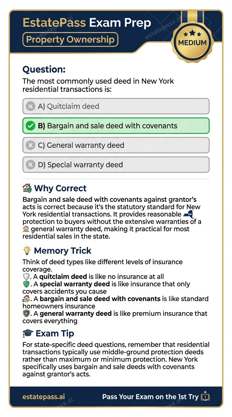 Study card infographic for: The most commonly used deed in New York residential transactions is: