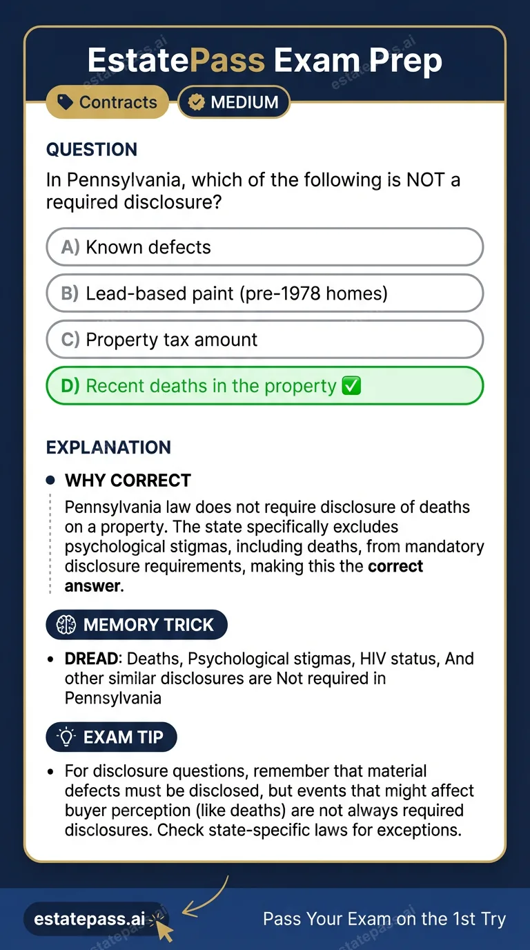 Study card infographic: In Pennsylvania, which of the following is NOT a required disclosure?