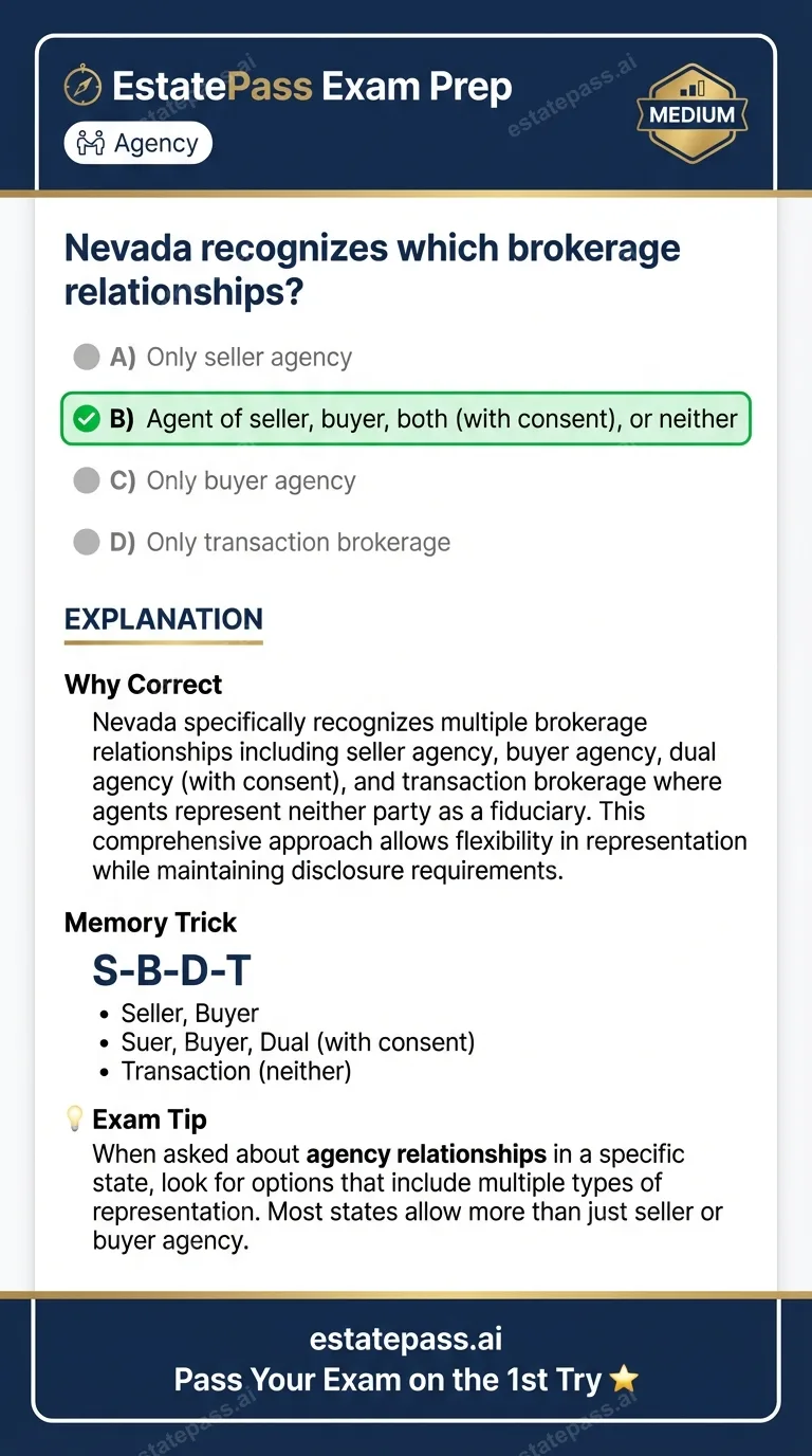 Study card infographic: Nevada recognizes which brokerage relationships?