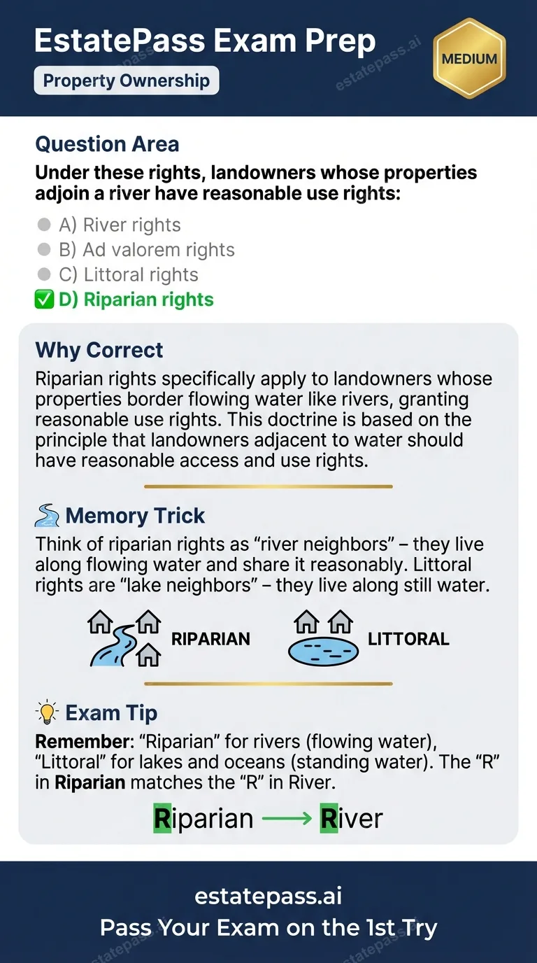 Study card infographic: Under these rights, landowners whose properties adjoin a river have reasonable u