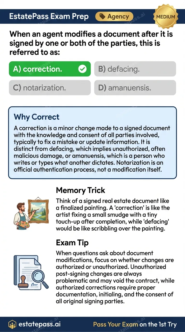 Study card infographic for: When an agent modifies a document after it is signed by the one or both of the p