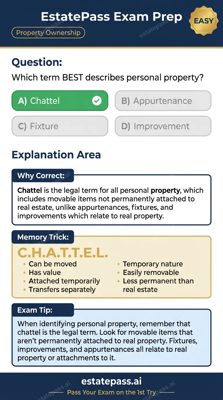 Study card infographic for: Which term BEST describes personal property?
