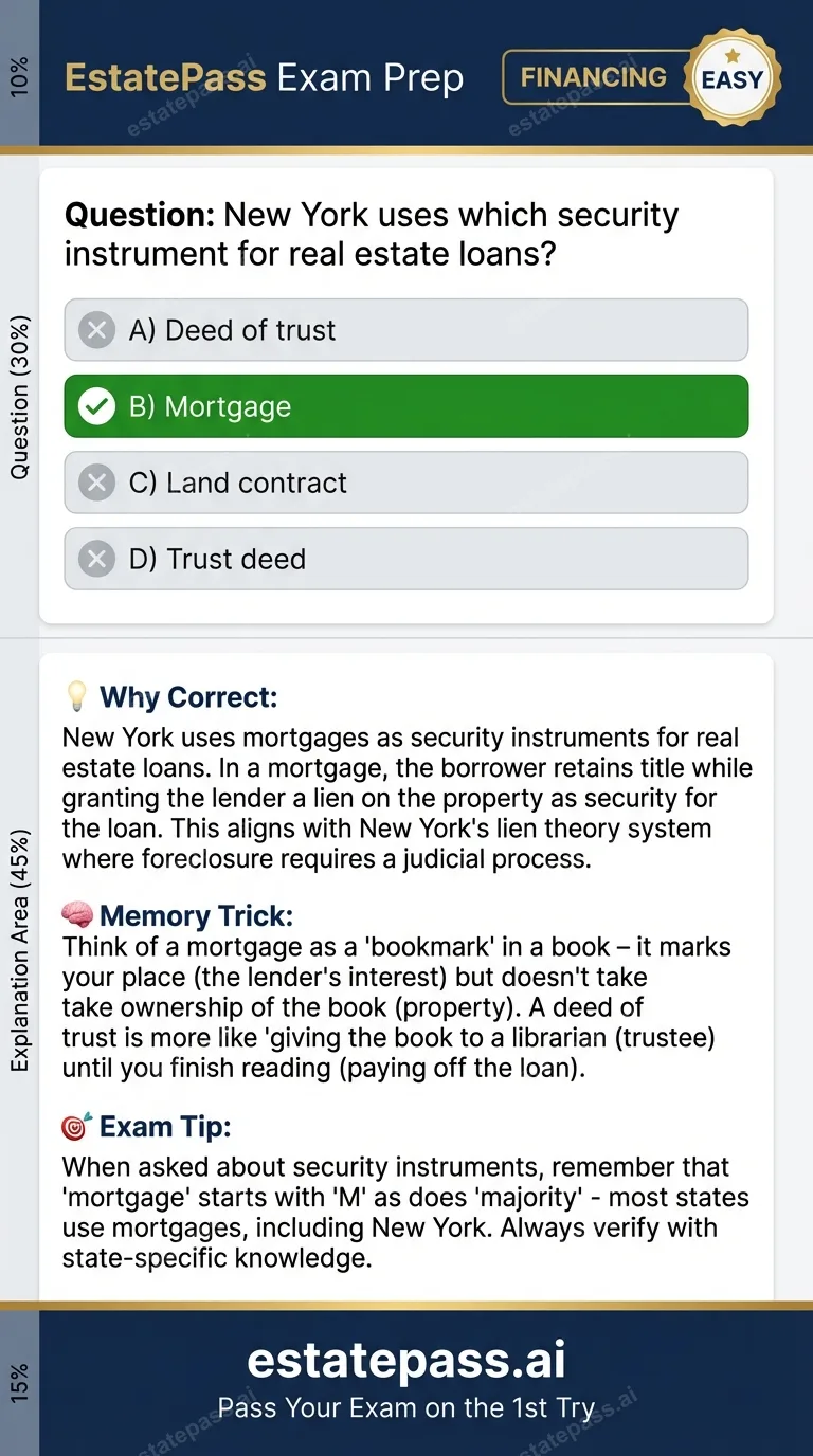 Study card infographic for: New York uses which security instrument for real estate loans?