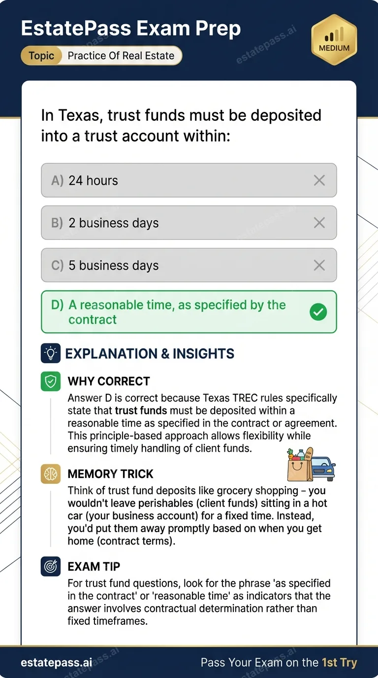 Study card infographic: In Texas, trust funds must be deposited into a trust account within: