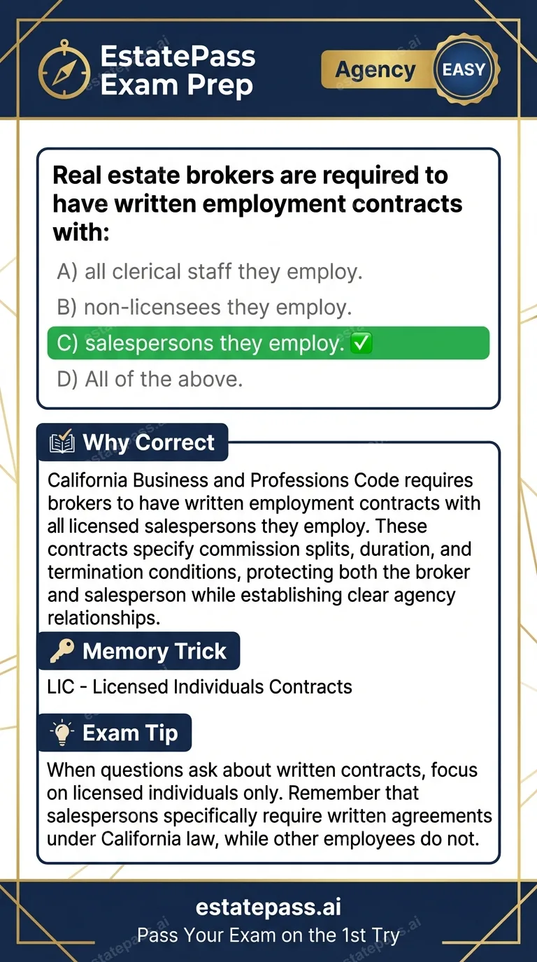 Study card infographic for: Real estate brokers are required to have written employment contracts with: