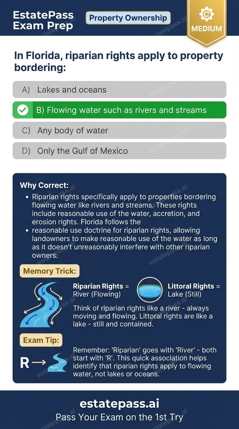 Study card infographic for: In Florida, riparian rights apply to property bordering: