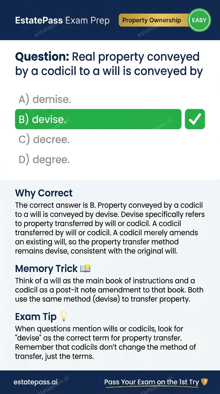 Study card infographic: Real property conveyed by a codicil to a will is conveyed by