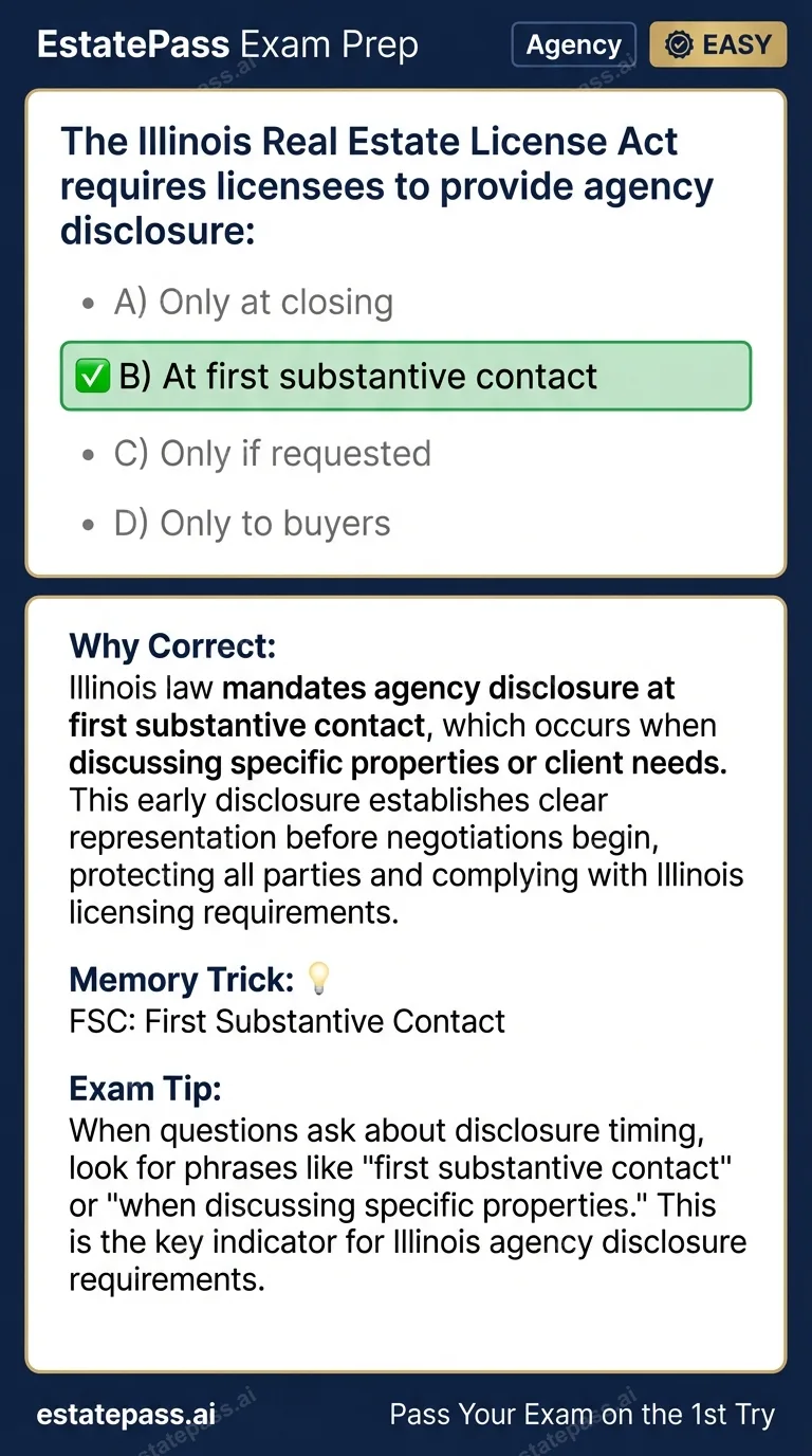 Study card infographic for: The Illinois Real Estate License Act requires licensees to provide agency disclo