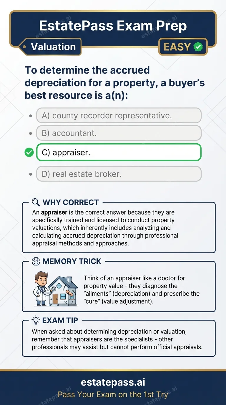 Study card infographic for: To determine the accrued depreciation for a property, a buyer’s best resource is