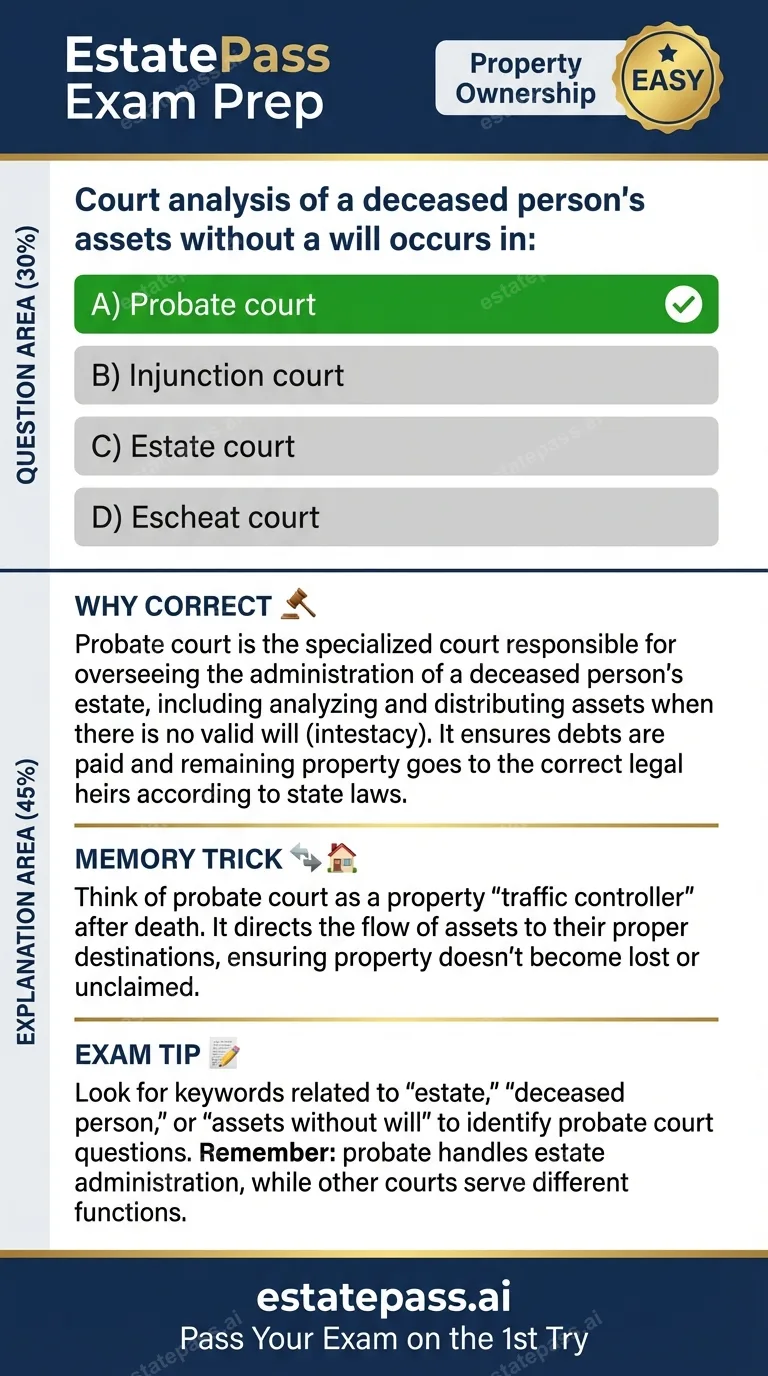Study card infographic: Court analysis of a deceased person's assets without a will occurs in: