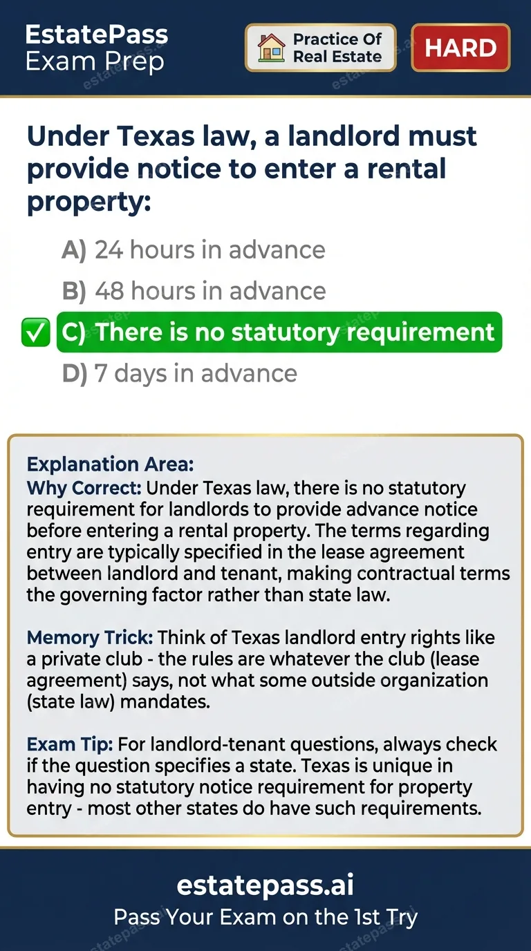 Study card infographic: Under Texas law, a landlord must provide notice to enter a rental property: