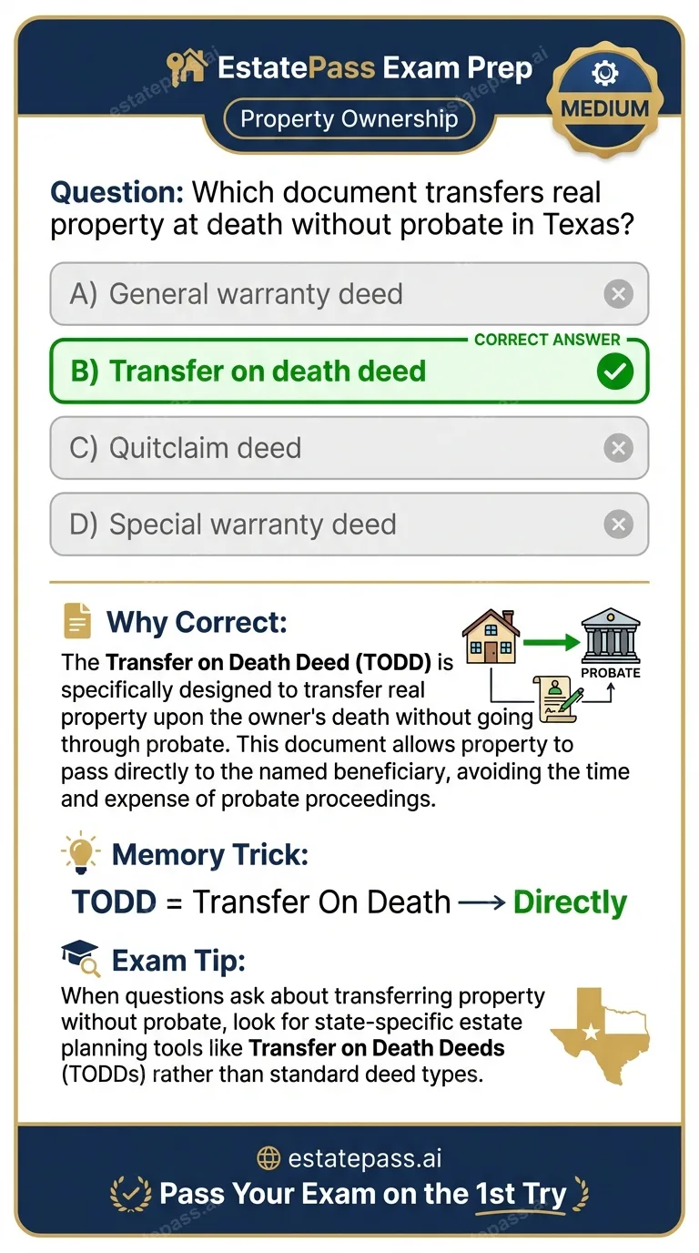 Study card infographic for: Which document transfers real property at death without probate in Texas?