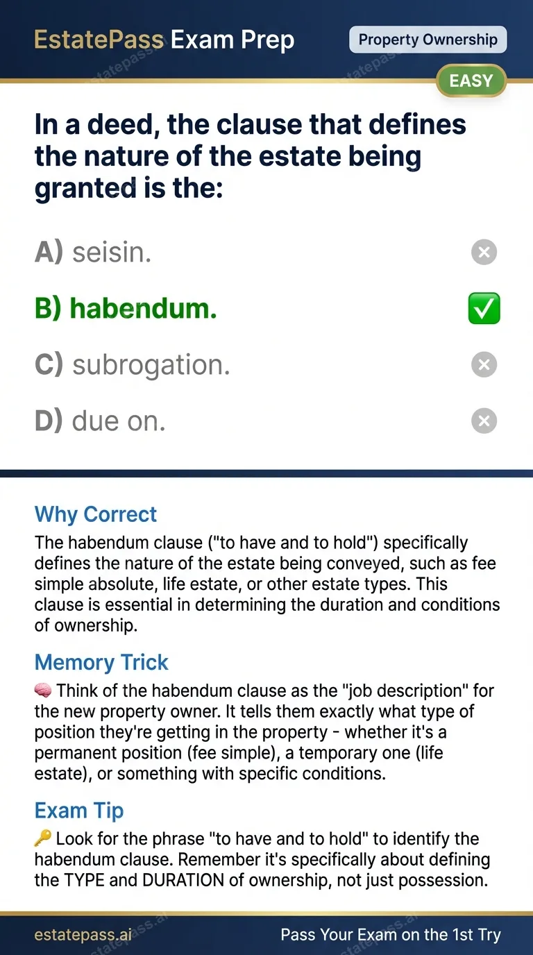 Study card infographic for: In a deed, the clause that defines the nature of the estate being granted is the