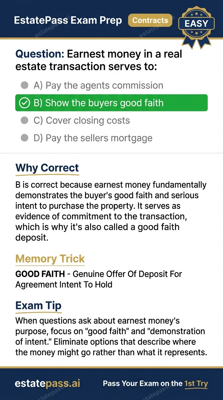 Study card infographic for: Earnest money in a real estate transaction serves to: