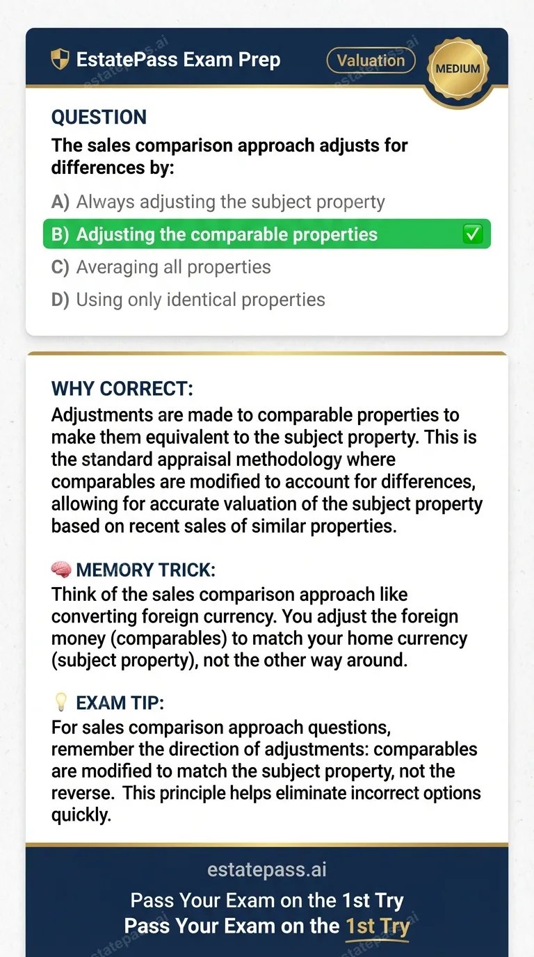 Study card infographic: The sales comparison approach adjusts for differences by: