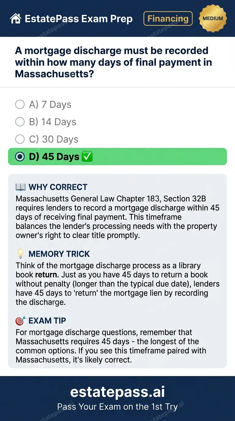Study card infographic: A mortgage discharge must be recorded within how many days of final payment in M