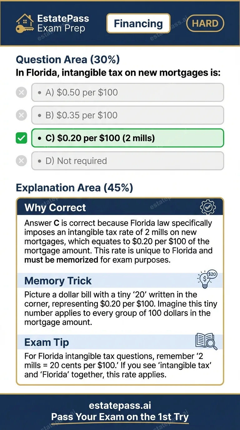 Study card infographic for: In Florida, intangible tax on new mortgages is: