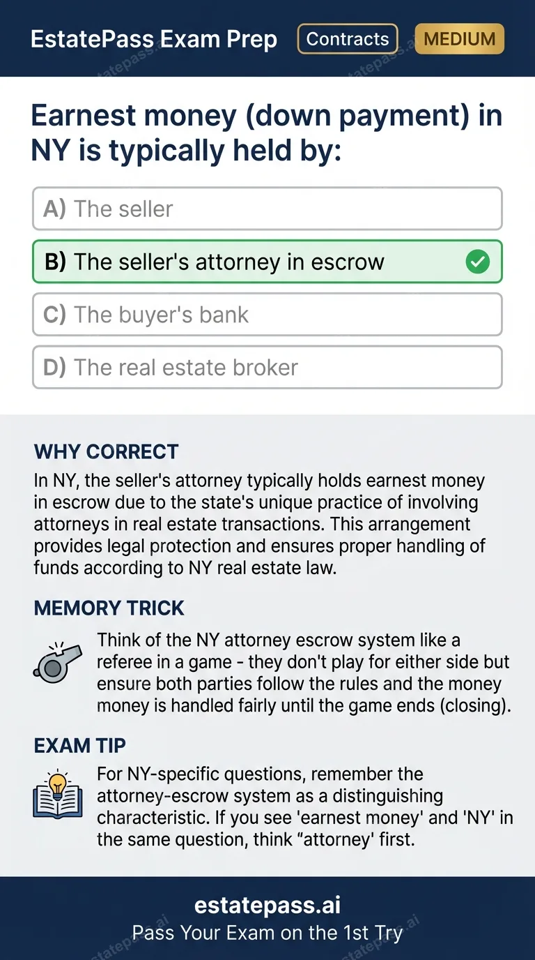 Study card infographic: Earnest money (down payment) in NY is typically held by: