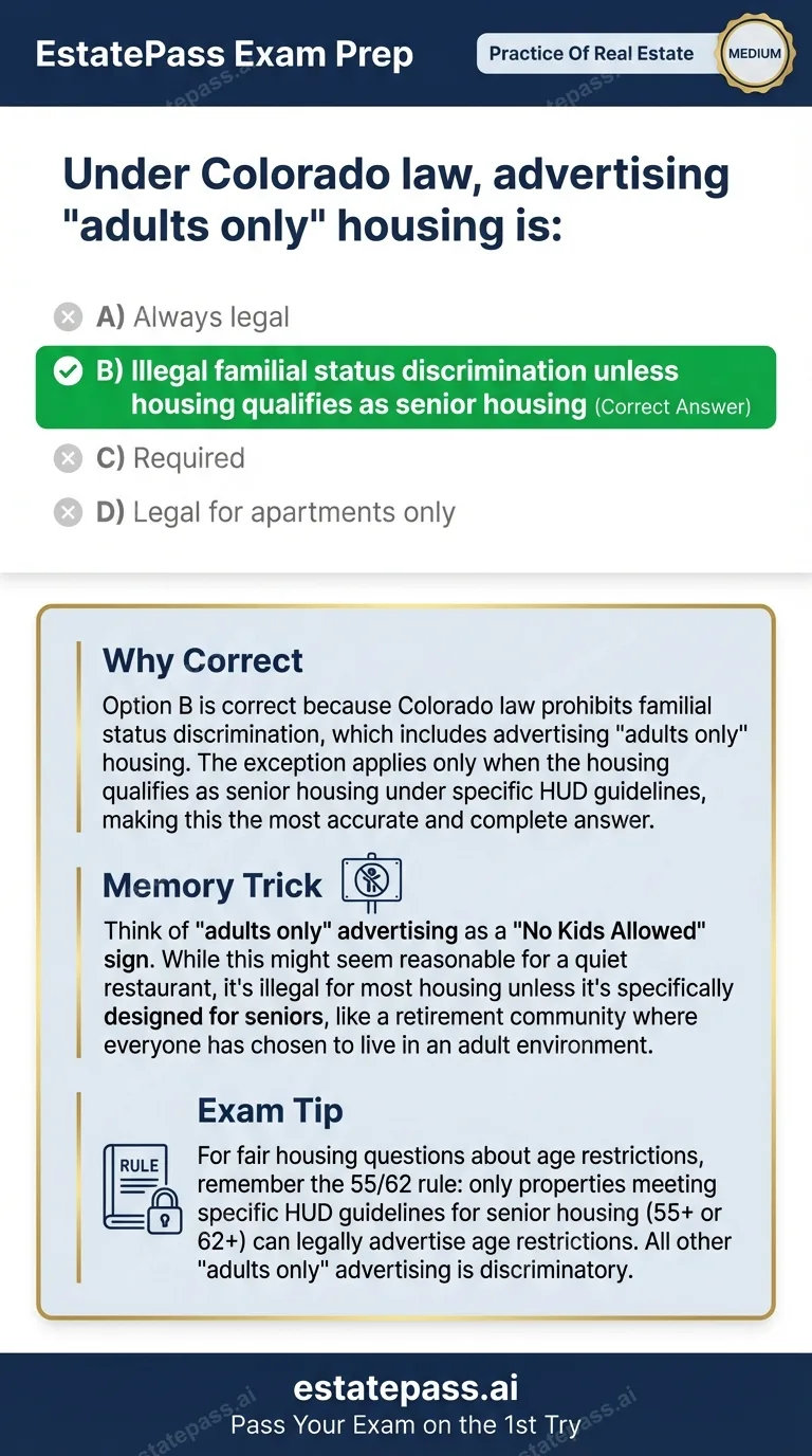 Study card infographic: Under Colorado law, advertising 'adults only' housing is: