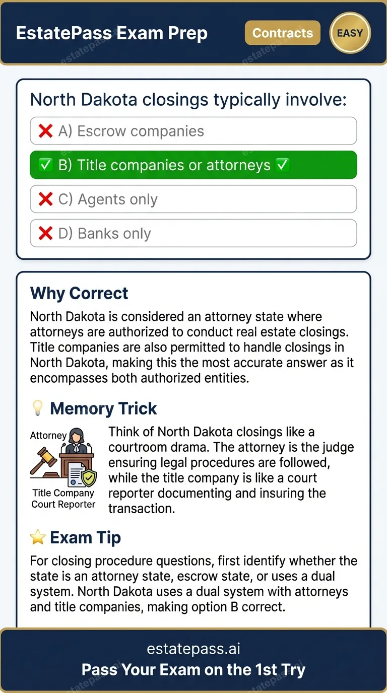 Study card infographic: North Dakota closings typically involve: