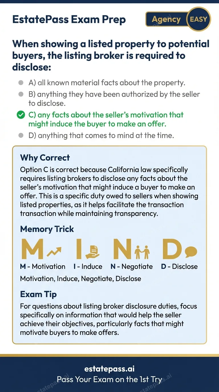 Study card infographic: When showing a listed property to potential buyers, the listing broker is requir