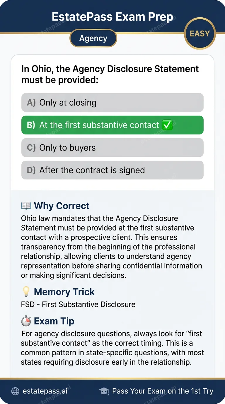 Study card infographic for: In Ohio, the Agency Disclosure Statement must be provided: