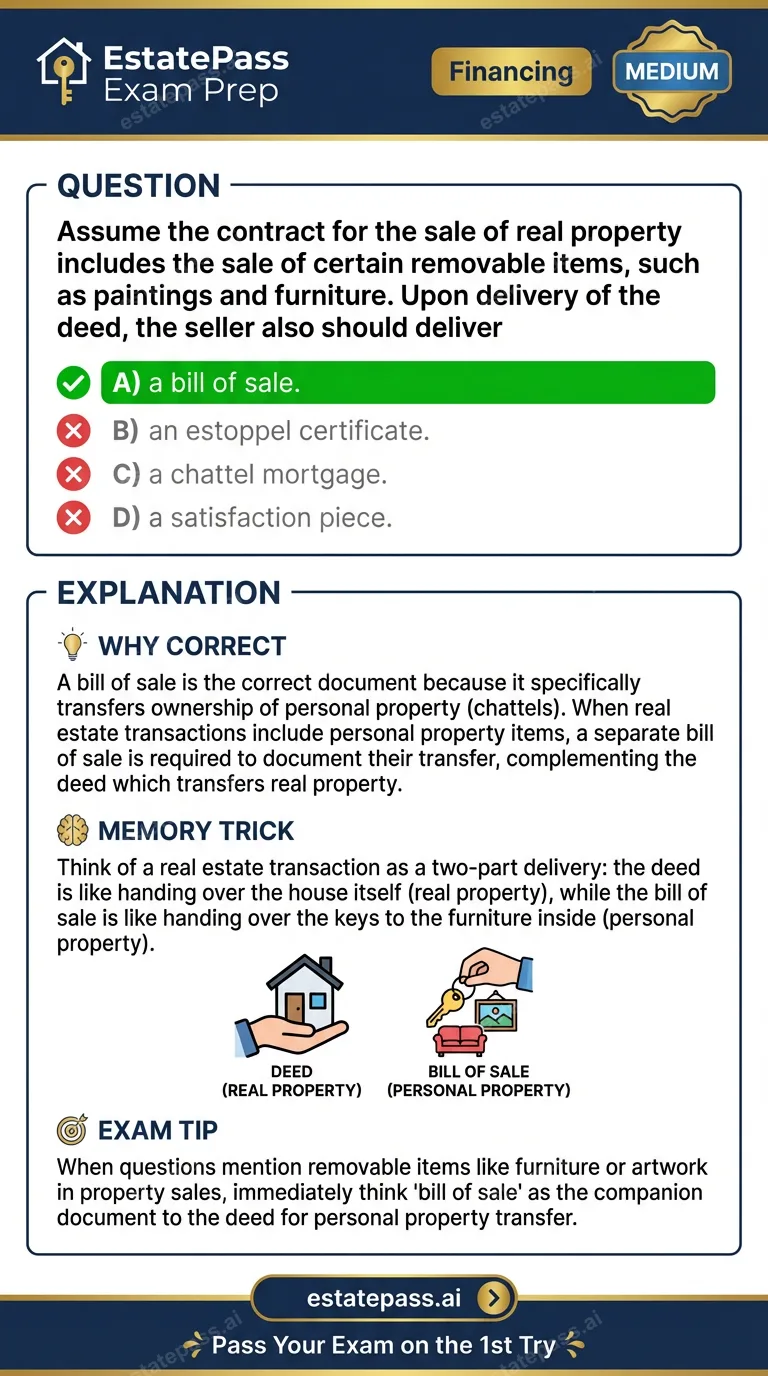 Study card infographic for: Assume the contract for the sale of real prop- erty includes the sale of certain