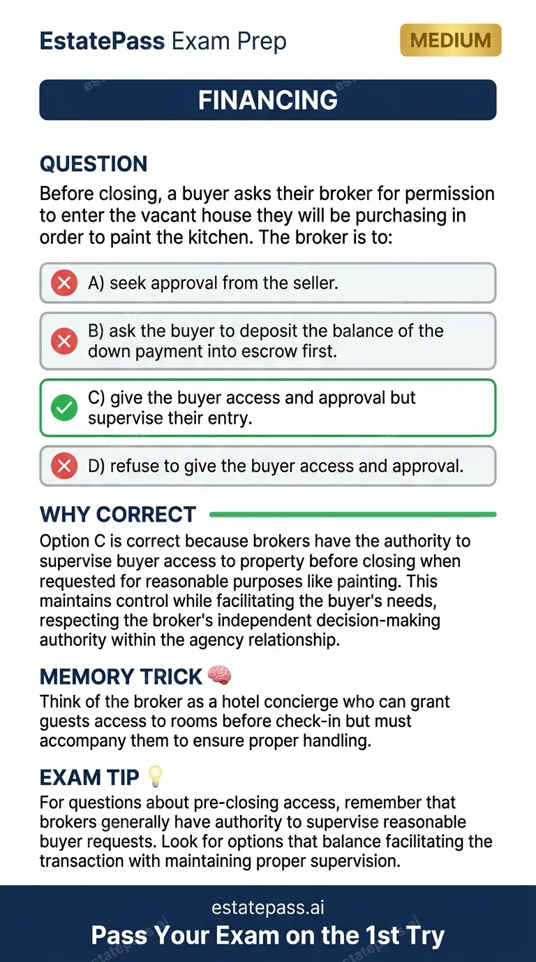 Study card infographic for: Before closing, a buyer asks their broker for permission to enter the vacant hou