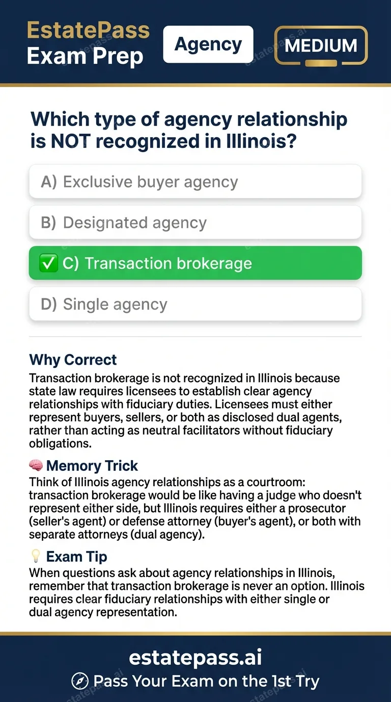 Study card infographic for: Which type of agency relationship is NOT recognized in Illinois?