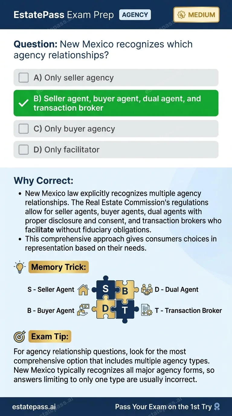 Study card infographic: New Mexico recognizes which agency relationships?