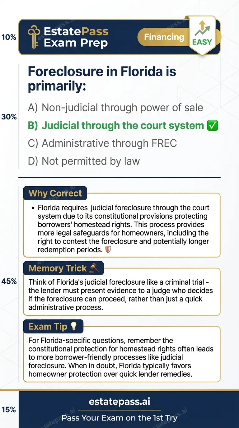 Study card infographic for: Foreclosure in Florida is primarily: