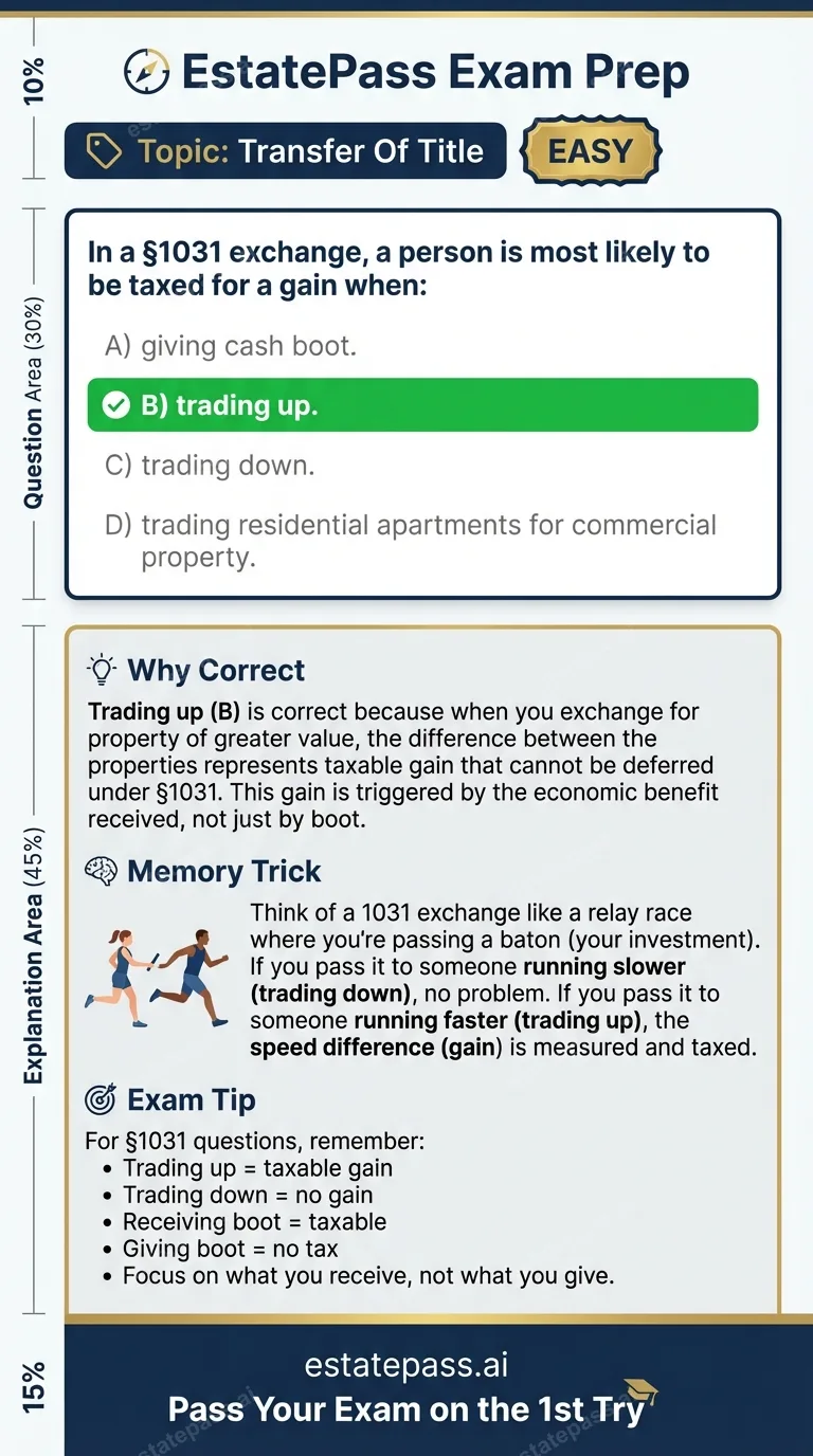 Study card infographic: In a §1031 exchange, a person is most likely to be taxed for a gain when: